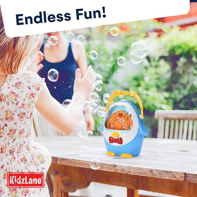 Kidzlane Penguin Bubble Machine for Kids - Made of Durable Plastic - Blows 500 Bubbles Per Minute, Quiet Low Sound Motor - No-Spill Bubble Maker for Kids - 3 Years Up