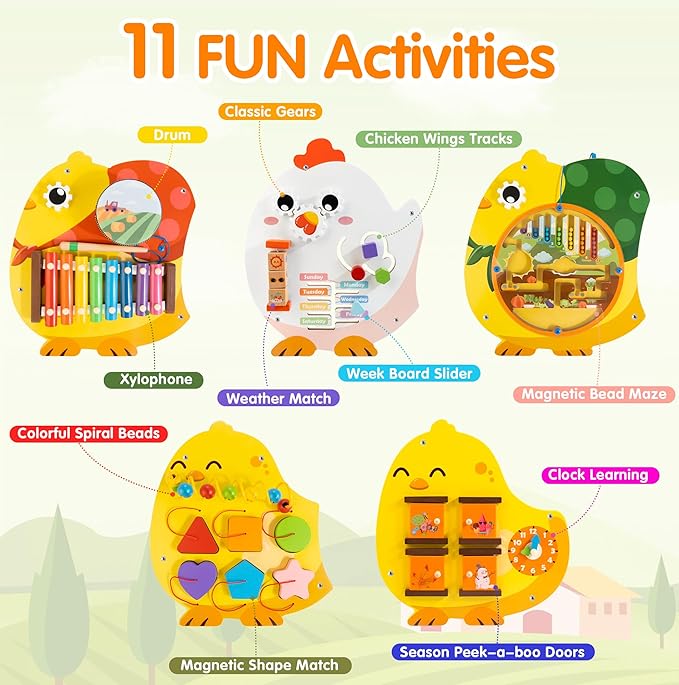 Chick Squad Activity Wall Busy Board Panels | 11-in-1 Wooden Sensory Wall Panel for Kids, Montessori Learning Activity Center | Perfect for Toddler Playroom Daycare Nursery Classroom Dentist Office