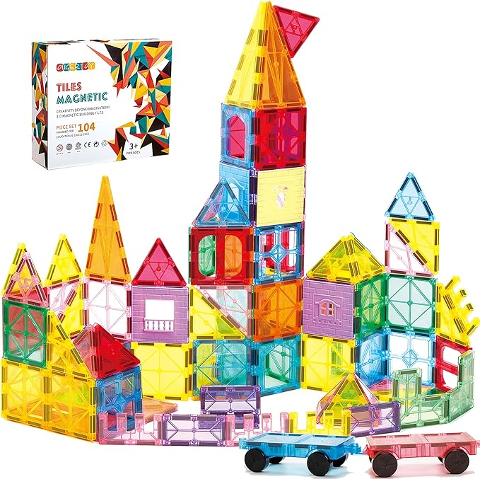 104PCS Magnetic Building Tiles, STEM Educational Stacking Blocks, Construction Toys for Kids Ages 3-9, Creative Toddler Boy Girl Christmas Birthday Gift