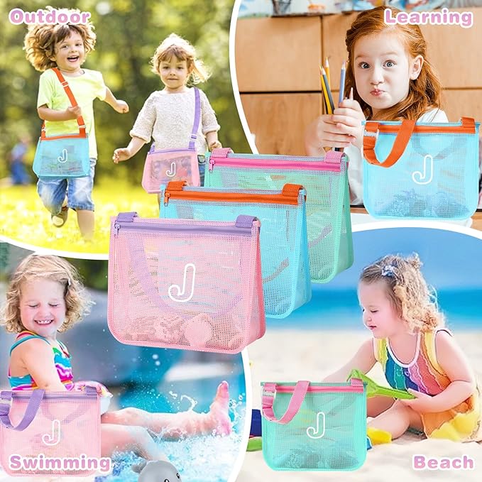 3Pcs Personalized Kids Beach Shell Bag, Initial Seashell Mesh Zipper Beach Pouch, Shell Collecting Bag for Holding Shells with Adjustable Straps, Sand Toys Swim Pouch Gift for Girl Boy Teens(Letter J)