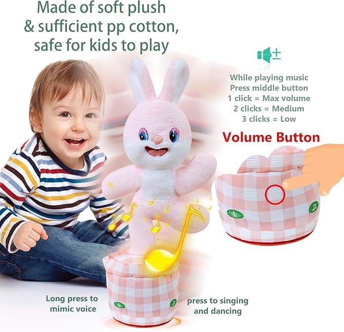 Talking Dancing Bunny Baby Toy for Kids Interactive Plush Toddlers Toys Talking Bunny Repeats What You Say Realistic Plush Educational Toy Teen Easter Bunny Basket Stuffers Gifts Girls Boys Birthday