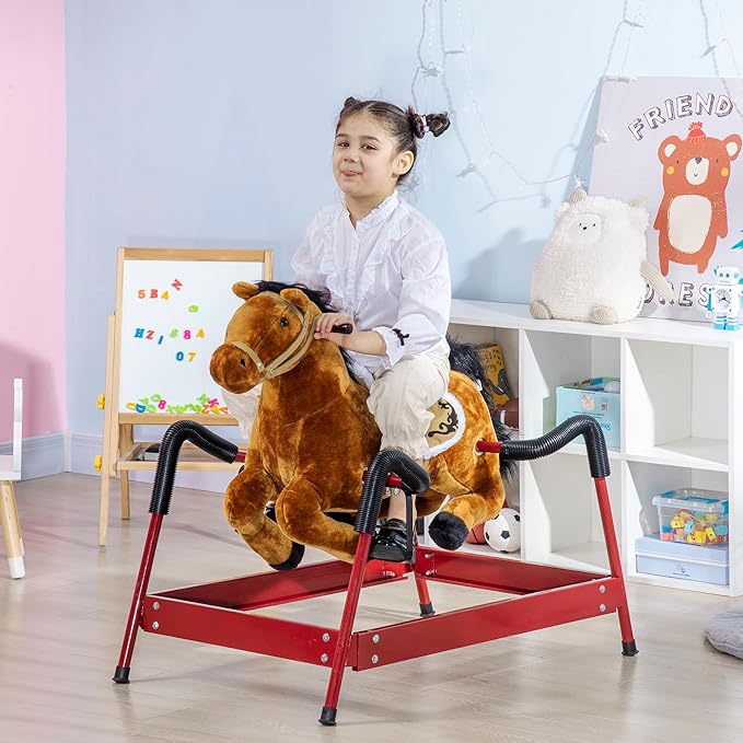Qaba Kids Spring Rocking Horse, Ride on Horse for Girls and Boys with Animal Sounds, Plush Horse Ride-on with Soft Feel, Interactive Toy for Kids, Light Brown