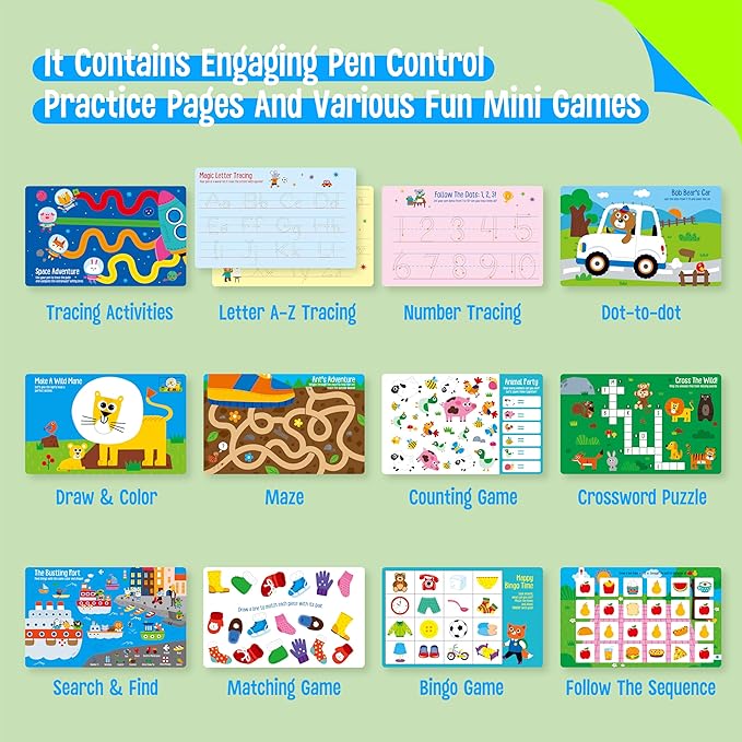 Tracing & Pen Control Pad for Kids, 30 Pages Reusable & Erasable Handwriting & Drawing Practices, Alphabet ABC and Number 123 Tracing Workbook Educational Montessori Tool for Autism, Toddlers 3-5