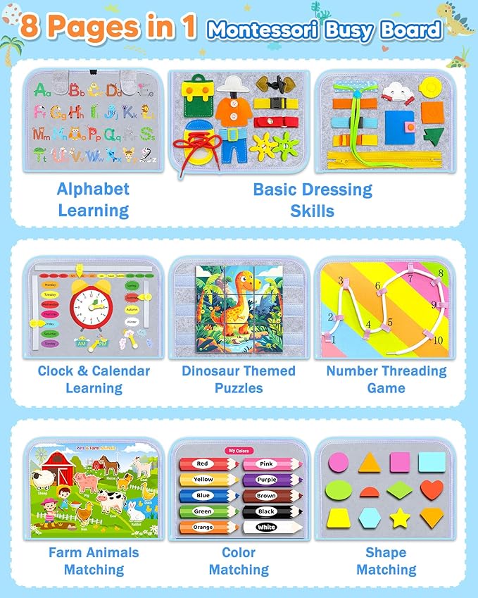 Gojmzo Busy Board Montessori Toys for Toddler Boy Girl Birthday Gifts, Busy Book Sensory Toys for Toddlers, Learning Educational Toddler Travel Activities