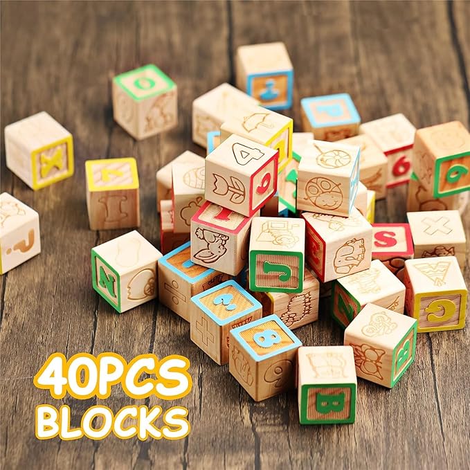 SainSmart Jr. Wooden ABC Blocks 40PCS Stacking Blocks Baby Alphabet Letters, Counting, Building Block Set for Toddlers 1.2 Inch