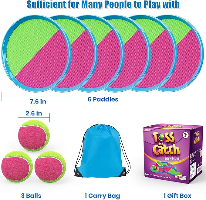 Aywewii Toss and Catch Ball Set Game Kids Toys for Outdoor Backyard Lawn Beach Christmas Birthday Gifts for Ages 3 4 5 6 7 8-12 Year Old Boys Girls Toddlers Stocking Stuffers - 6 Paddles & 3 Balls