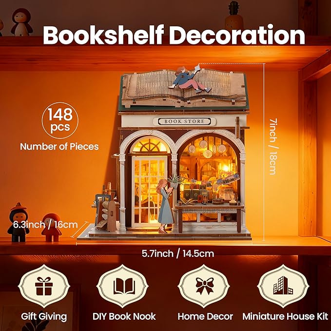 Book Nook Kit - DIY Miniature House Kit for Adults, Dollhouse Booknook Tiny House Bookshelf Decor 3D Wooden Puzzle Street Model, Ideal Gift for Book Lovers, Family, Friends (Book Store)