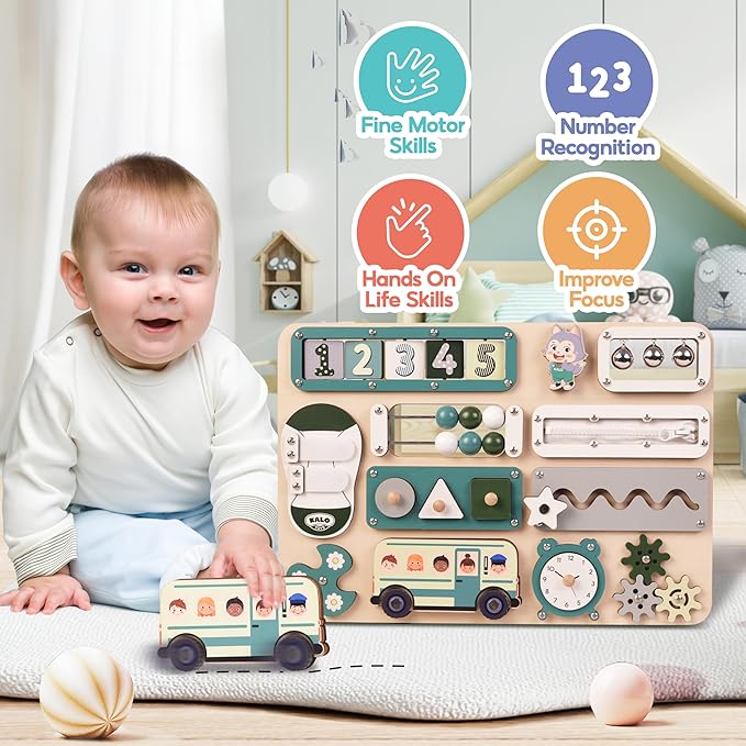 Large Busy Board Montessori Toys for 1 2 3 Year Old - Sensory Toys for Toddlers 1-3 - Fine Motor Skills & Early Learning - Montessori Gift for Boys & Girls - Travel-Friendly & Safe (Green)