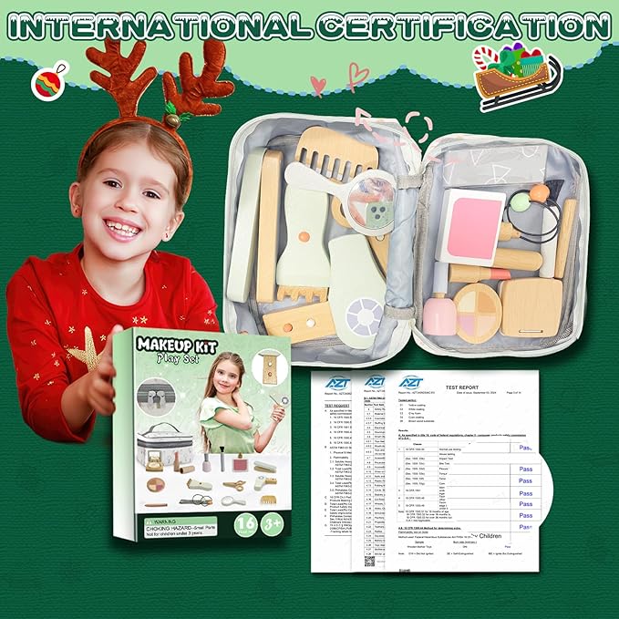 Wooden Makeup Toy Set, Pretend Play Wood Beauty Salon Playset for Girls, Wood Makeup Kit with Cute Fake Makeup Set Gift for Toddler 3 4 5 6 7