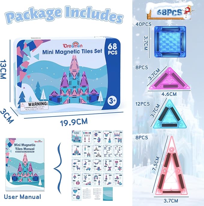 Dreamon Mini Magnetic Tiles, 68PCS Travel Set with Storage Case, Ice Castle Building Blocks STEM Toys for Toddlers Ages 3-5, Educational Games Sensory Exploration Toys for Boys and Girls