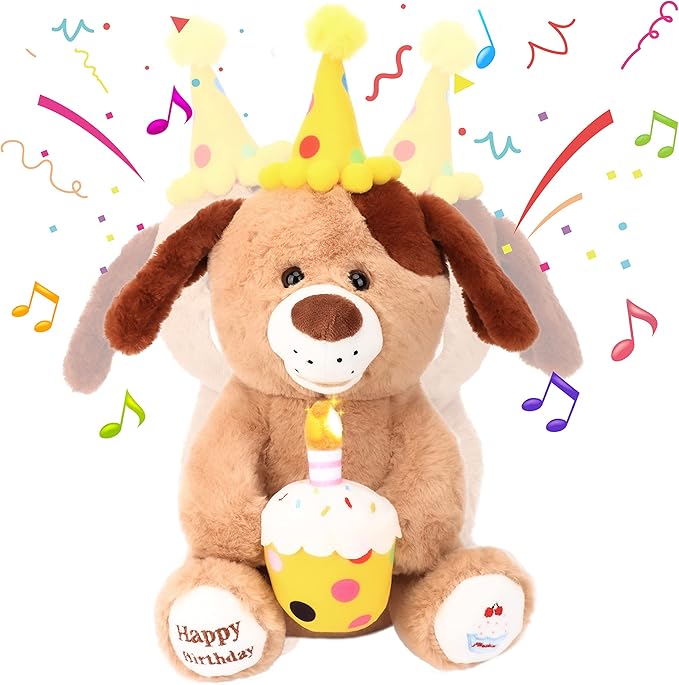 Hopearl Adorable Happy Birthday Dog with Glowing Cupcake Musical Stuffed Animal Puppy Singing and Shaking Plush Toy Interactive Animated Kids Gifts, Brown, 15''