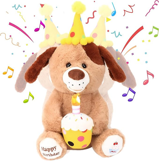 Hopearl Adorable Happy Birthday Dog with Glowing Cupcake Musical Stuffed Animal Puppy Singing and Shaking Plush Toy Interactive Animated Kids Gifts, Brown, 15''