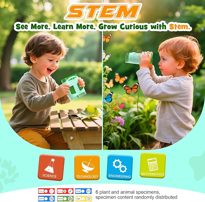 Handheld Microscope Toy for Kids : Rechargeable Telescope and Camera Combo with 6 Slides, Perfect for Indoor Outdoor Exploration, Portable Edu for Age 3-12 Children Students