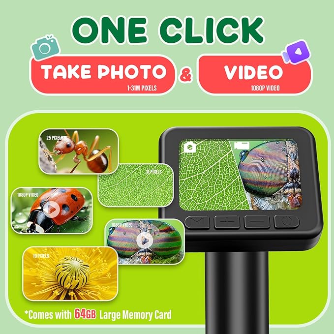 IMICHI Microscope for Kids 50X-1000X Magnification- 2 inch IPS HD Screen, 32GB storage Card, 1080P Video, 2-Hour Battery Life, Easy Carry, Slides Included - Perfect Science Kit Gift for Kids Ages 8-12