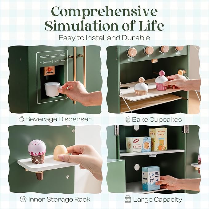 ROBUD Play Kitchen for Kids Toddlers - Wooden Toy Kitchen Set with Play Oven, Play Fridge, 3-in-1 Kids Kitchen Pretend Playset for Girls & Boys 3+