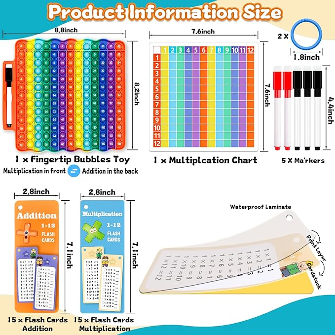 Addition Flash Cards+Multiplication Flash Cards + Fingertip Bubbles Toy, Interesting Math Combination, Math Games for Children Aged 3 +