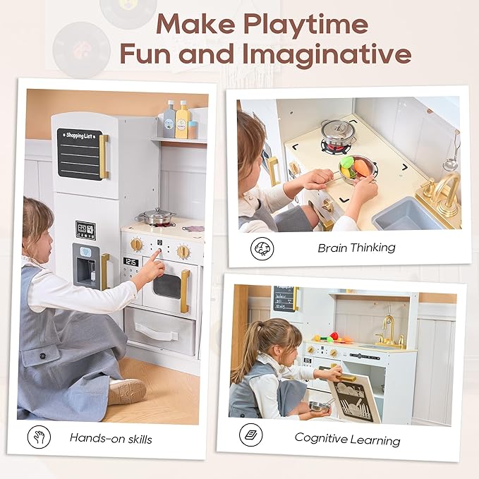 Play Kitchen Set for Kids, Wooden Kids Kitchen Playset with Real Lights & Sounds, Interactive Toy Kitchen with Felt Boxes for Storing Kitchen Utensils and Ice Maker Toy Accessories (Soft White)