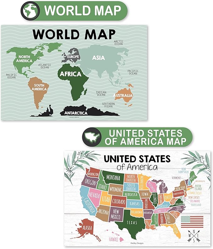 4 Alphabet, Map of United States, World Map, & Solar System Posters - Laminated ABC Charts for Toddlers Wall Decor, Farmhouse Posters for Kindergarten, Prek Classroom or Homeschool 11x17