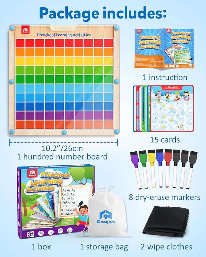 Coogam Handwriting Hundred Board, Math Manipulative Wooden Montessori 1-100 Number Toys, Alphabet Writing Practice for Preschool Educational Activity, Fine Motor Learning Game for Kids Age 3-8