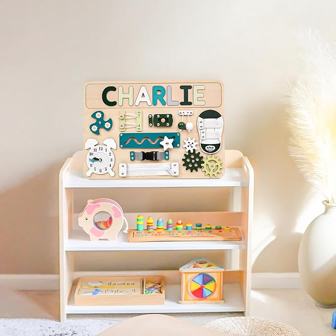 Busy Board Bear for Toddlers Wooden Montessori Toys, Wooden Controller Sensory Toy for Autistic Children & ADHD Sensory Board for Education & Learning Green