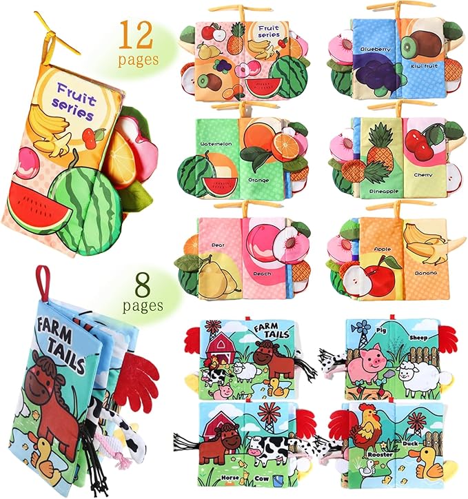 Baby Books 0-6 to 12 Months Infant Cloth Stroller Toy, Tummy Time Toys for Infants 0-3-4-7-9 Month, Newborn Girl Boys Gifts Stocking Stuffers Crinkle Touch Feel Sensory Book for Babies 2PCS