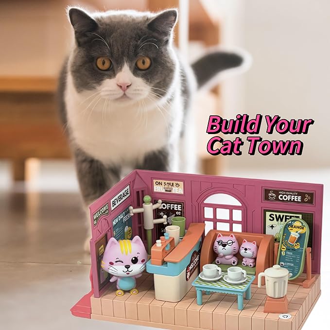 Koko's Cat Town DIY Miniature House Kit,Tiny House Cafes Building Kit,Dollhouse for 3 and up, Dollhouse Building Kit with Cats,Cat Toys Gift for Teens Kids Ages 3+