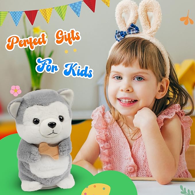 Hopearl Talking Husky Repeats What You Say Dog Nodding Electric Interactive Animated Puppy with Bone Toy Speaking Plush Buddy Gifts for Toddlers, Gray, 6.5''