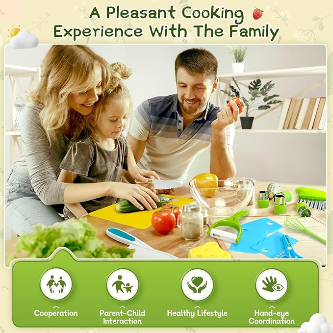 Chanking 17 Pieces Kids Safe Knife Set for Real Cooking Child-Friendly Plastic Chef Tools Montessori Kitchen Toys for Toddlers with Bright Colors Gifts for Boys and Girls