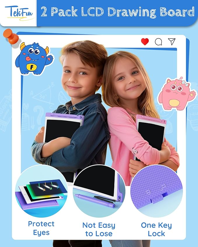 TEKFUN 10in 2 Pack LCD Writing Tablet Coloring Doodle Board Drawing Sketch Pad for Kids with Anti-Lost Stylus, Car Trip Educational Kids Toys Birthday for 3 4 5 6 7 Girls Toddlers