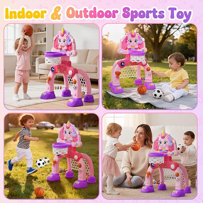Toddler Basketball Hoop & Soccer Goal Activity Center, Unicorn Toddlers Musical Toys with Light Music, Baby Toddlers Christmas Birthday Present Gifts for 1 2 3 Year Old Girls