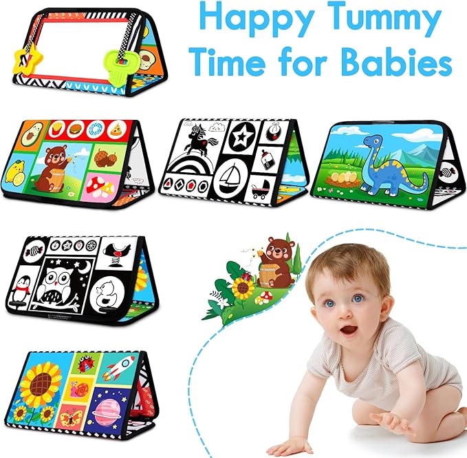 Tummy Time Baby Mirror Toys 0-6 6-12 Months - Montessori Infant Toys Brain Development with Crinkle Cloth Book and Teether - High Contrast Newborn Sensory Toys for Babies Boys Girls Gifts