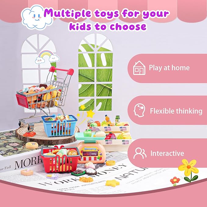 183Mini Food Toys Dollhouse Fruit Vegetable Bread Rack Display Shelf Grocery Store Shopping Cart Basket Miniature Drink Supermarket Metal Handcart Kitchen Play Game Party Cash Register