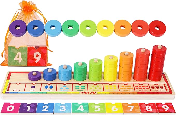 TOWO Wooden Stacking Rings and Counting Games with 45 Rings Number Blocks- Counting Ring Stacker-Wooden Sorting Counting Toy for 3 Years Old Kids Maths Learning Montessori Materials