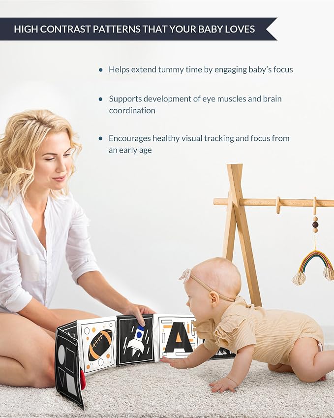 High Contrast Black and White Baby Toys for Newborn 0-6 Months – Contrast Cards & Sensory Baby Book with Mirror – Tummy Time Infant Toys for Visual Stimulation, Early Learning & Brain Development