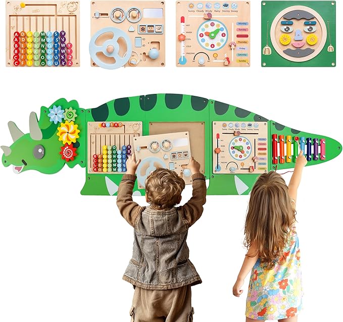 Montessori Busy Board Dinosaur Educational Toy, 4 Interchangeable Wooden Sensory Activity Board Wall Panel for Kids, Sensory Learning Toy for Boys and Girls Playroom, Toddler Room Decor