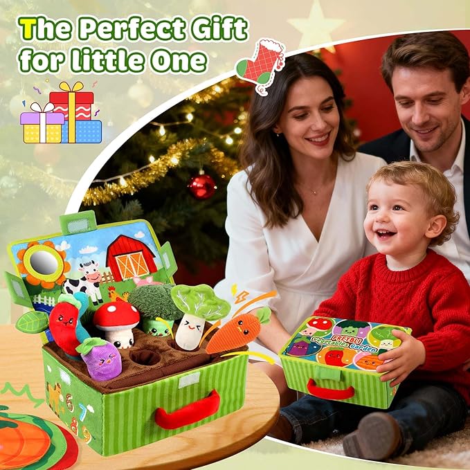 FREYBLI Baby Toys 6-12 Months - Soft Vegetable Garden Plant Plush Toy - 6 Month Old Developmental Toys Gifts, Montessori Sensory Toy for Baby with Rattles, Mirror, Squeaker, Textures, Crinkle Tissues