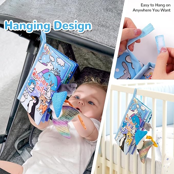 HECCEI Baby Cloth Books Soft Baby Book 0-6 Months Crinkle Books with Tail Touch and Feel Sensory Toys for Infant Tummy Time for 3 Months+, Glacier Tails