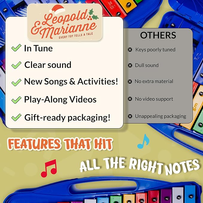 Leopold & Marianne | Xylophone for Kids Ages 5-9 | Kids Musical Instrument | Glockenspiel 25 Notes Chromatic | Color Metal Keys | Music Book Included, Play-Along Videos, Blue Carry Plastic Case