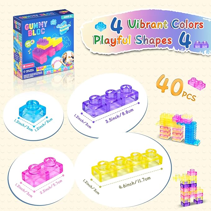 40 PCS Sensory Soft Building Blocks for Toddlers, Montessori Squishy Stacking Toy Set for Kids, Squeezable & Stretchable Early Learning Construction Playset, Multicolor Puzzle Blocks for Creative Play