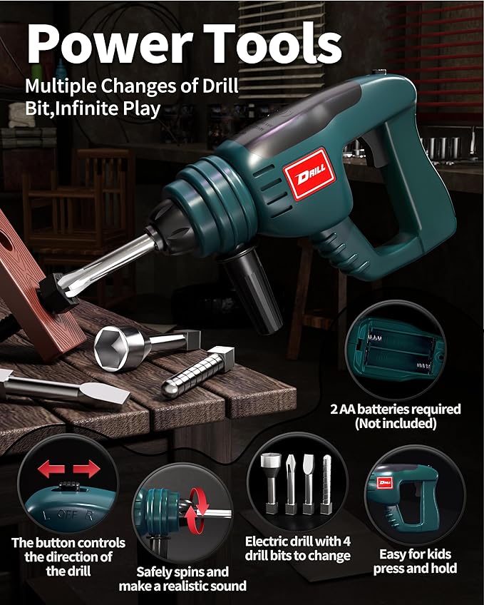 Deejoy Tool Set with Tool Box & Electronic Toy Drill, Pretend Play Kids Construction Kits for Kids Ages 3-5 Years Old, Toddler Boy Toys (Green)