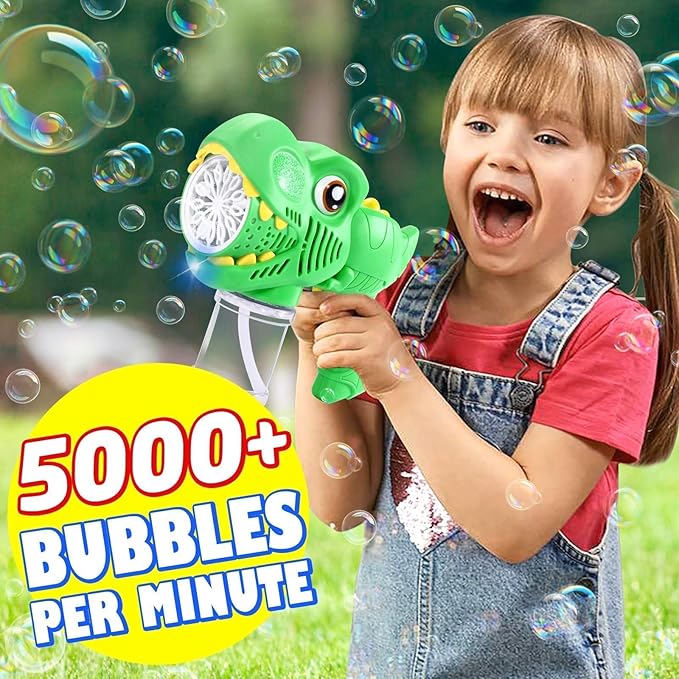 Kids Bubble Gun 2 Pack Dino Bubble Machine Gun for Toddlers with 4 Solutions Automatic 13-Hole Bubbles for Kids Blower Maker Easter Basket Essentials Stocking Stuffers Gift Party Favors for Boys Girls