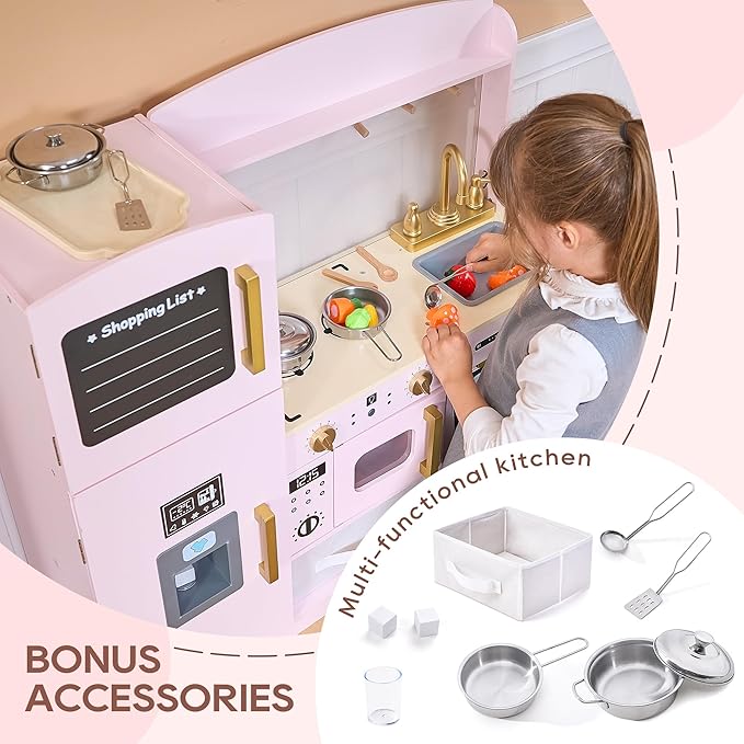 Play Kitchen Set for Kids, Wooden Kids Kitchen Playset with Real Lights & Sounds, Interactive Toy Kitchen with Felt Boxes for Storing Kitchen Utensils and Ice Maker Toy Accessories (Pale Pink)