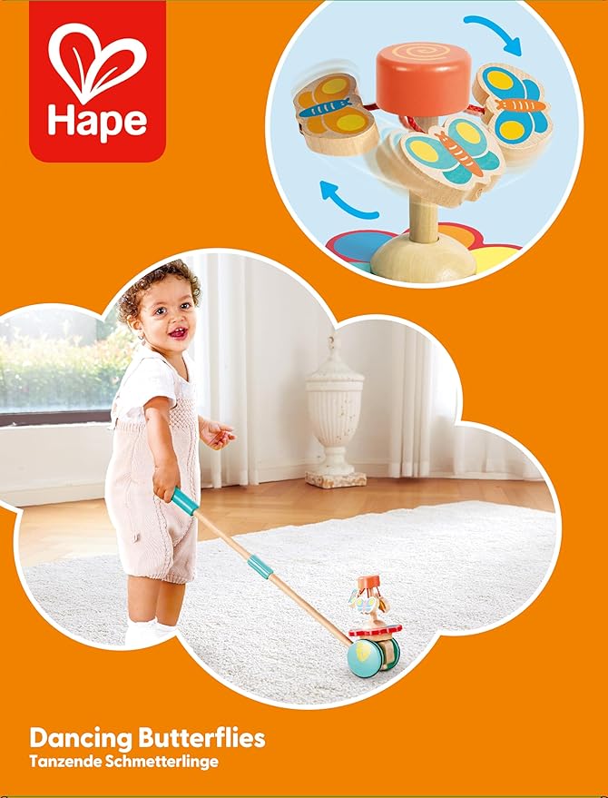 Hape Dancing Butterflies Push and Pull Toy, Assorted Colors, 12+ Months, L: 4, W: 6.9, H: 22.2 inch