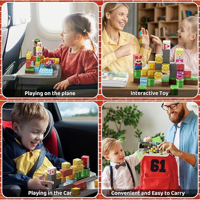 Magnetic Blocks Travel Toys, 35PCS Magnetic Tiles for Kids Ages 3-8, Portable STEM Building Cubes with Metal Storage Box, Toddler Learning Toys for Ages 3+