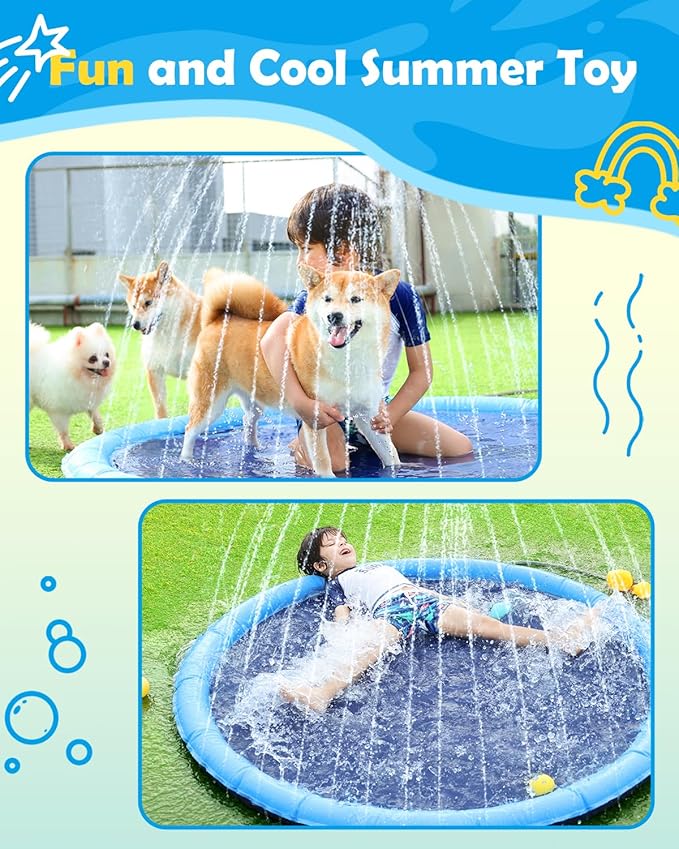 Peteast Splash Pad for Dogs & Kids, 97" Anti-Slip Doggie Splash Pad, Thicken Sprinkler Pool Summer Outdoor Water Toys Backyard Fountain Play Mat