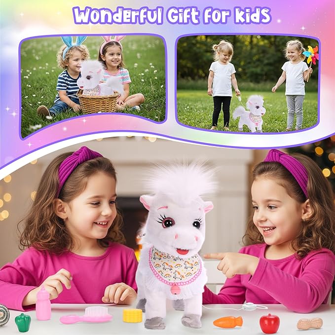 White Walking Singing Pony Set Talking Musical Dancing Pony with Leash, Electric Plush Pretend Play Horse Toy for Girl Kid, Nod Lick Wag Repeat What You Say, Farm Animal Horse Pony Boy