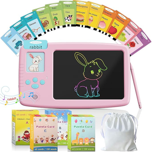 Talking Flash Cards for Toddlers: 2-in-1 LCD Writing Tablet Kids - Montessori Language Learning with 510 Words - Autism & Speech Therapy Toys for Children Gifts, Pink