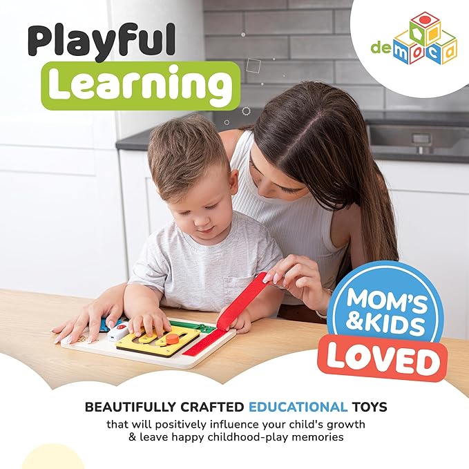 deMoca Sensory Busy Board for Toddlers, Premium Wooden Toddler Busy Board for 1 2 3 Year Old with 10 Educational Activities for Fine Motor Skills, Fidget Activity Toy for Travel Toy