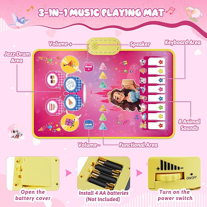 Piano Mat Toddler Baby Girl Toys, 3-in-1 Piano Drum Kids Musical Play Mat Infant Music Toys 12-36 Months, Baby Birthday Gifts Early Learning Toy for 1 2 3 Years Old Boy Girls