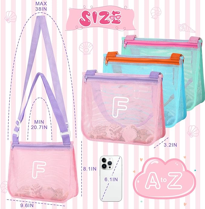 3Pcs Personalized Kids Beach Shell Bag, Initial Seashell Mesh Zipper Beach Pouch, Shell Collecting Bag for Holding Shells with Adjustable Straps, Sand Toys Swim Pouch Gift for Girl Boy Teens(Letter F)